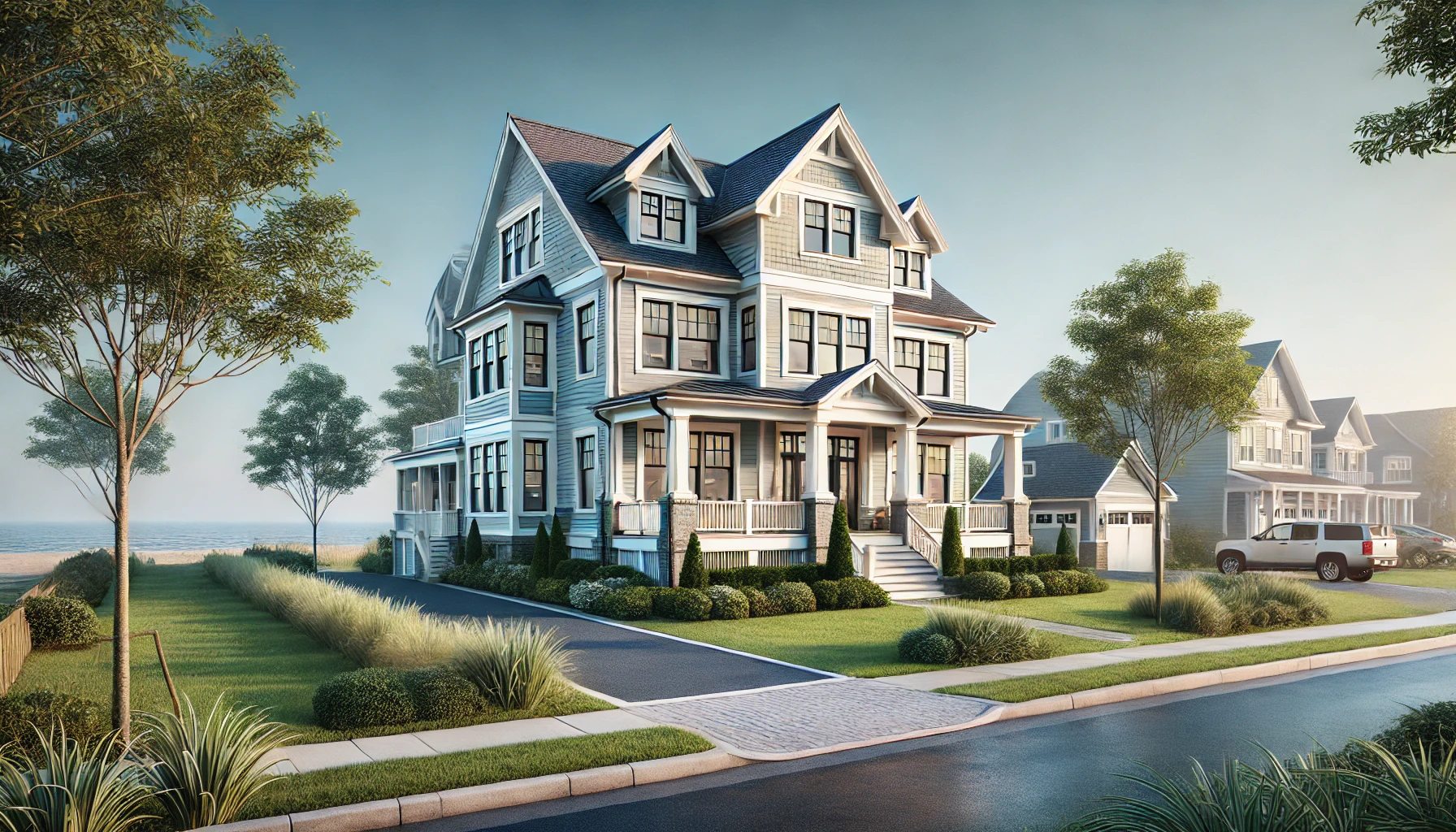 Realistic image of a coastal home at 23455 Breaking Waves Court, Millville, DE, with a modern two-story design, large windows, green landscaping, and a wide driveway in a peaceful beachside neighborhood.